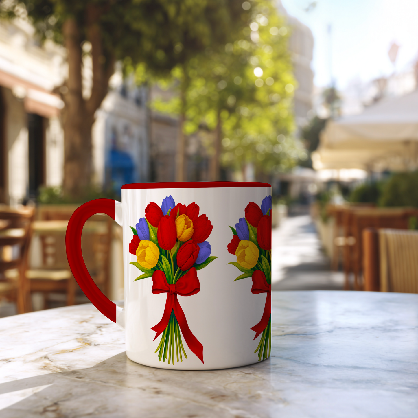 Tulpenboeket – Keramische Mok met Rode Handvat