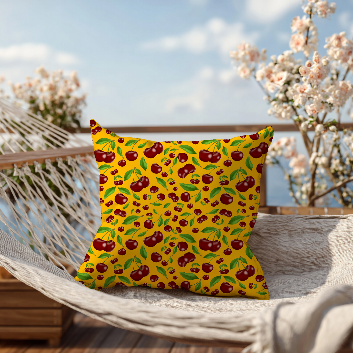 Kersen – Decoratief Kussen (gele print)