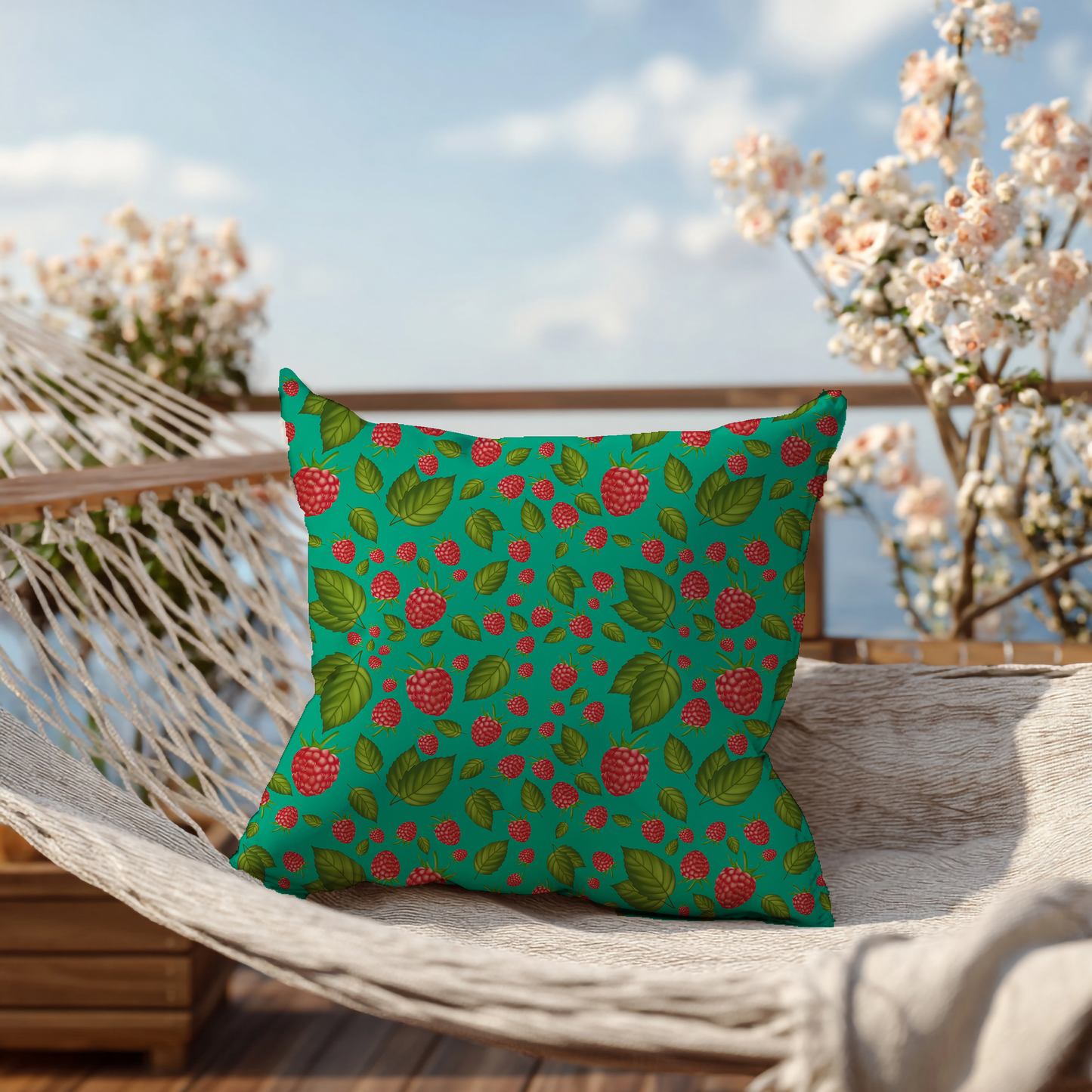 Frambozen – Decoratief Kussen (turquoise print)