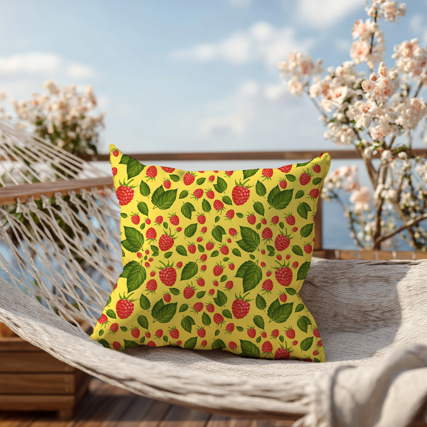 Frambozen – Decoratief Kussen (gele print)