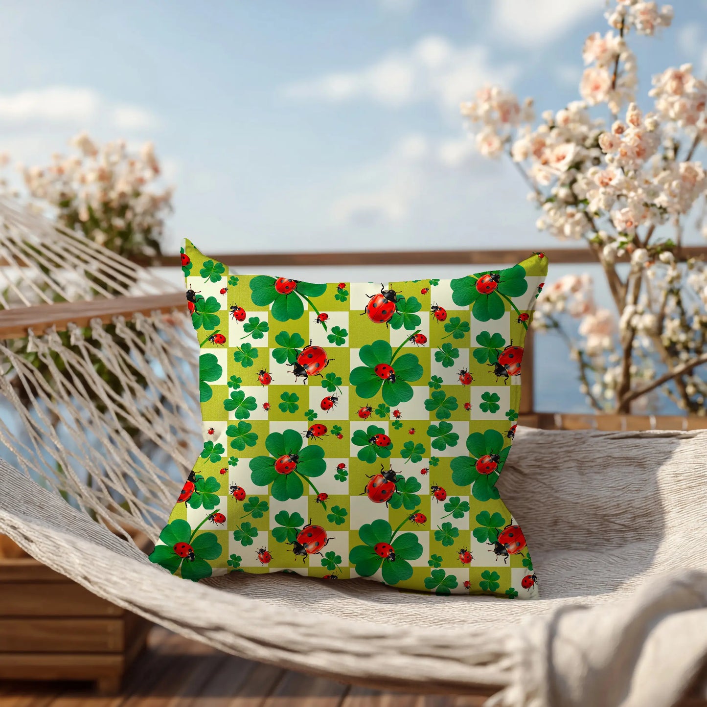 Decoratief Kussen Lieveheersbeestjes & Klavers – Geblokt 30x30 cm
