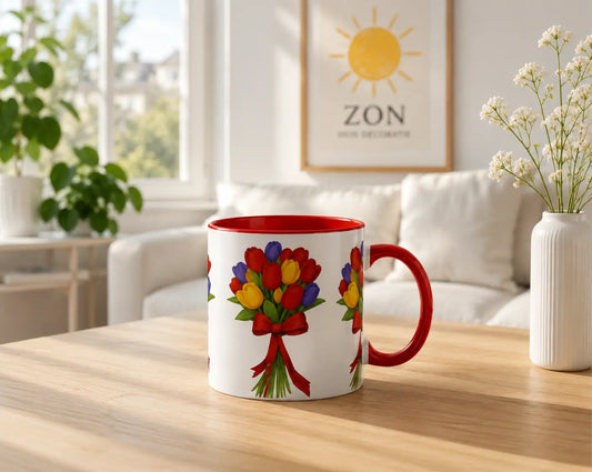 Ceramic Tulip Bouquet Mug – Red Handle 350ml