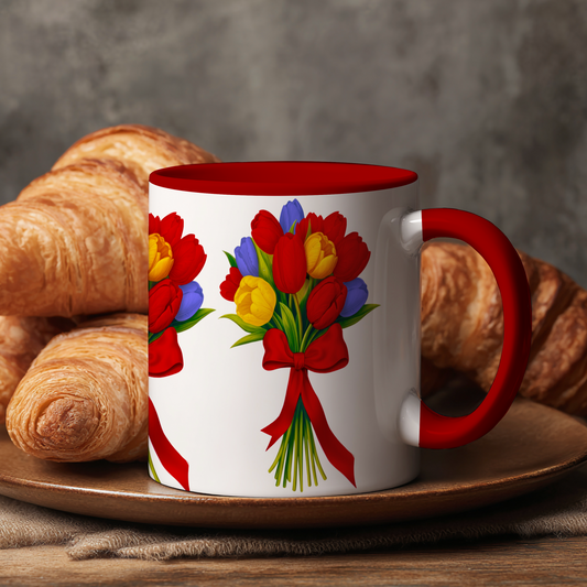 Tulpenboeket – Keramische Mok met Rode Handvat