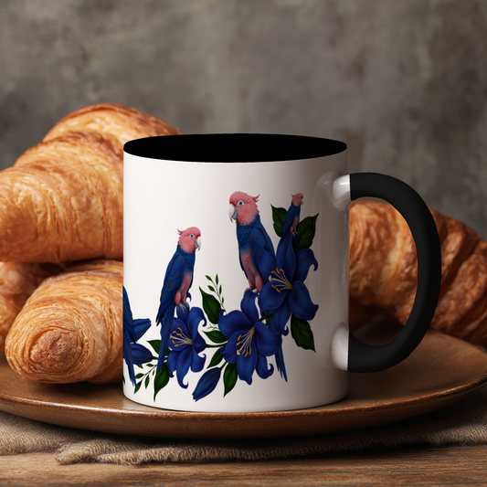 Blauwe Kaketoes – Keramische Mok met Zwart Handvat