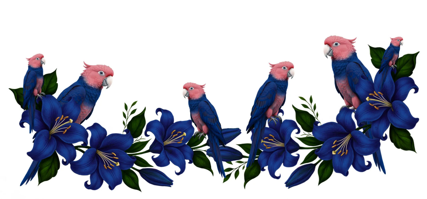 Ceramic Mug Blue Cockatoos – Black Handle 350ml