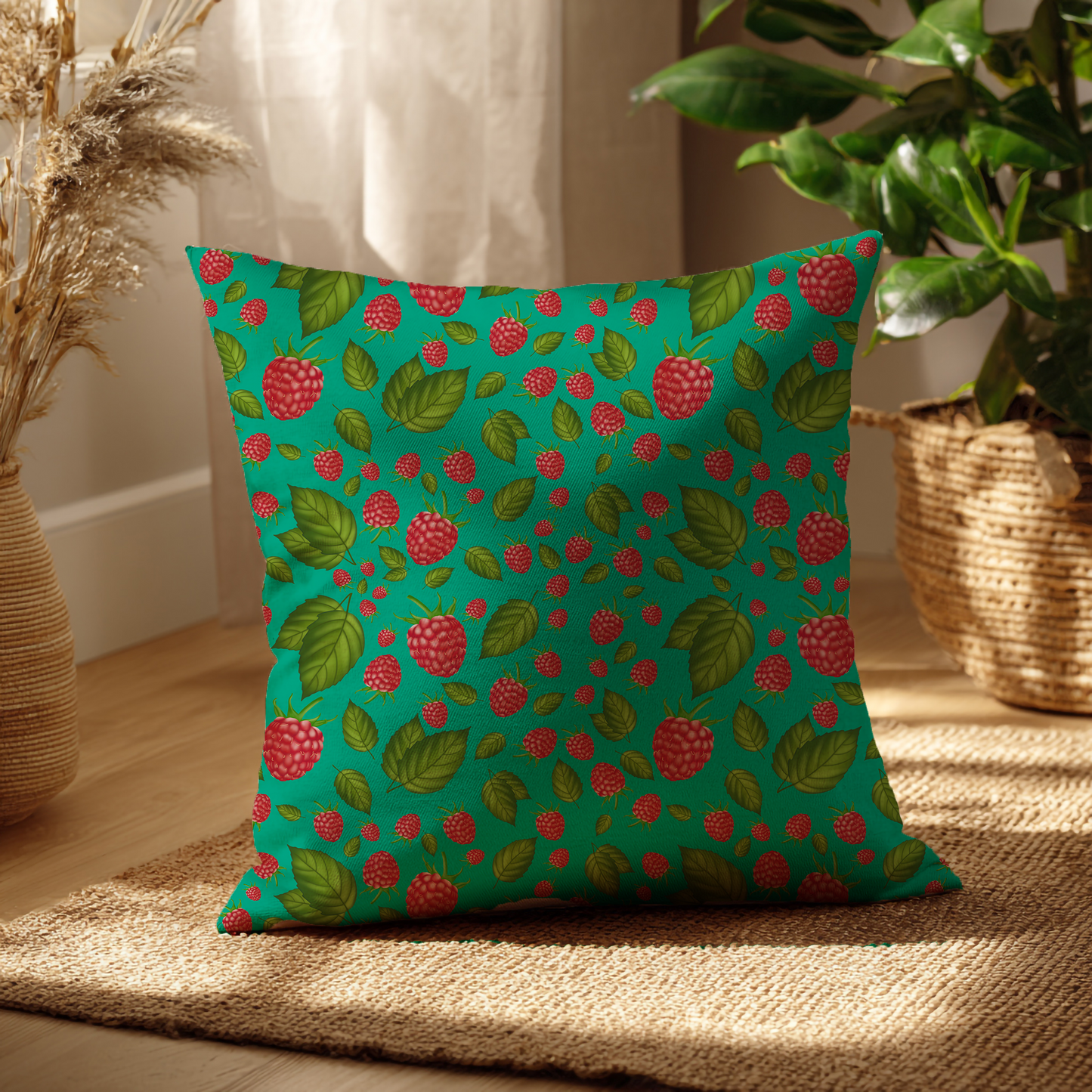 Frambozen – Decoratief Kussen (turquoise print)