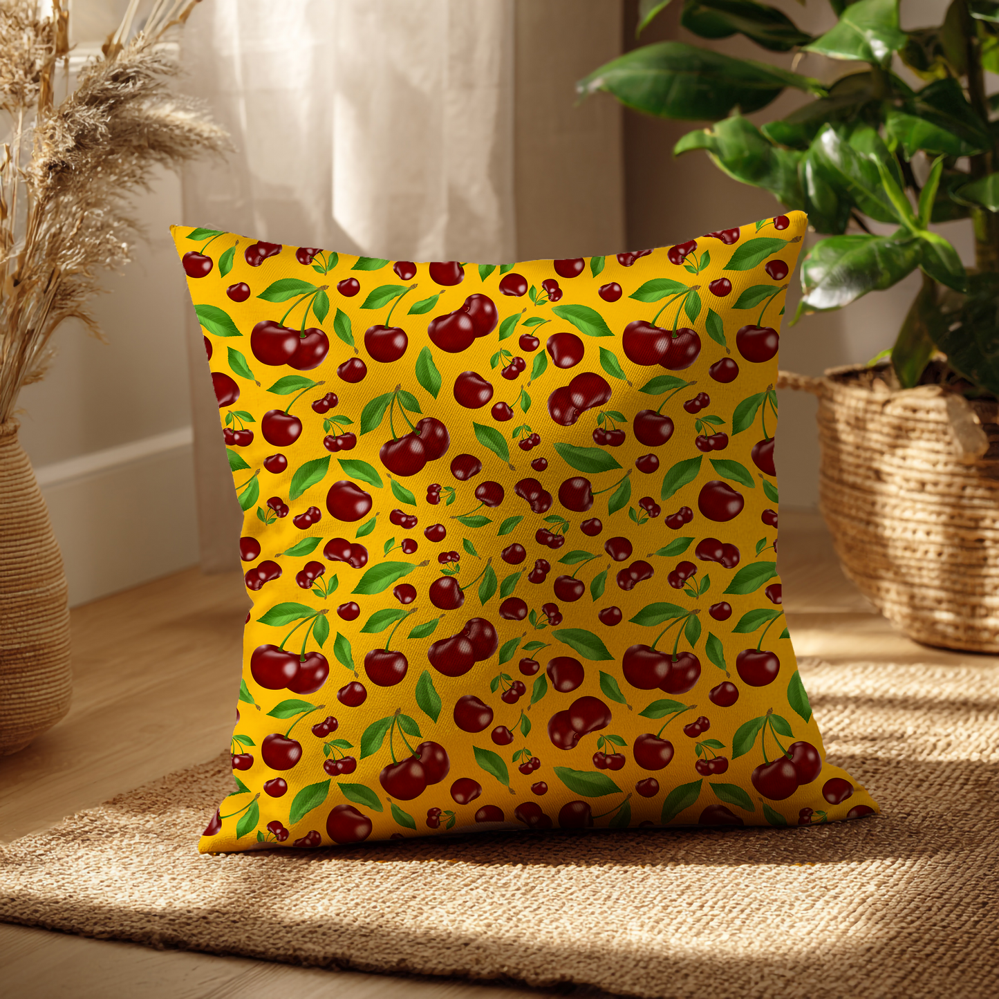 Kersen – Decoratief Kussen (gele print)