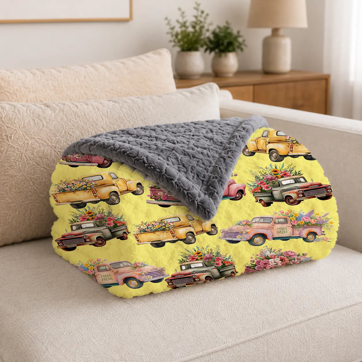 Pluchen Deken Boerentruck & Veldbloemen – Zachte Fleece