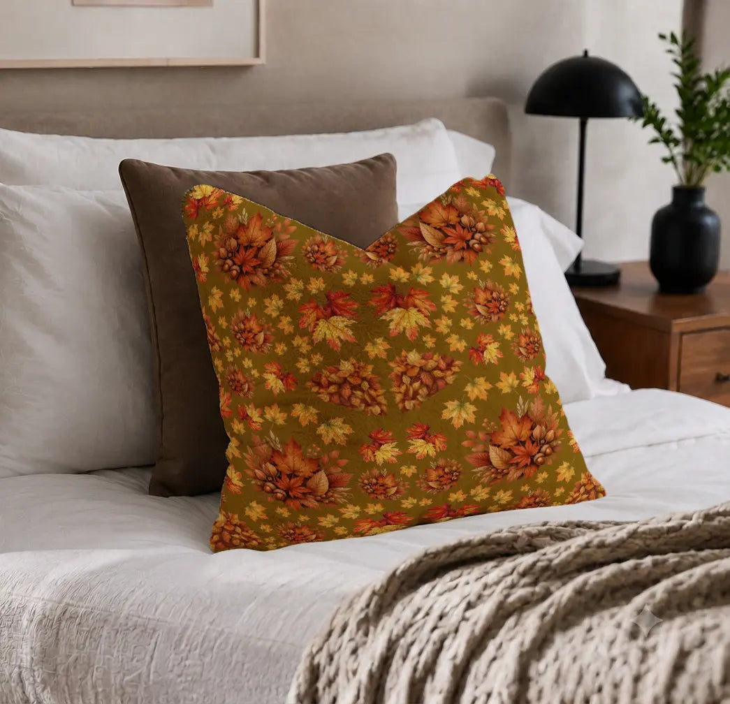 Decorative Pillow Autumn Leaves – Gold Brown Background