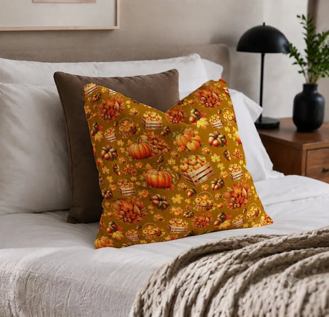 Decorative Cushion Pumpkins & Autumn Harvest – Gold-Brown Background