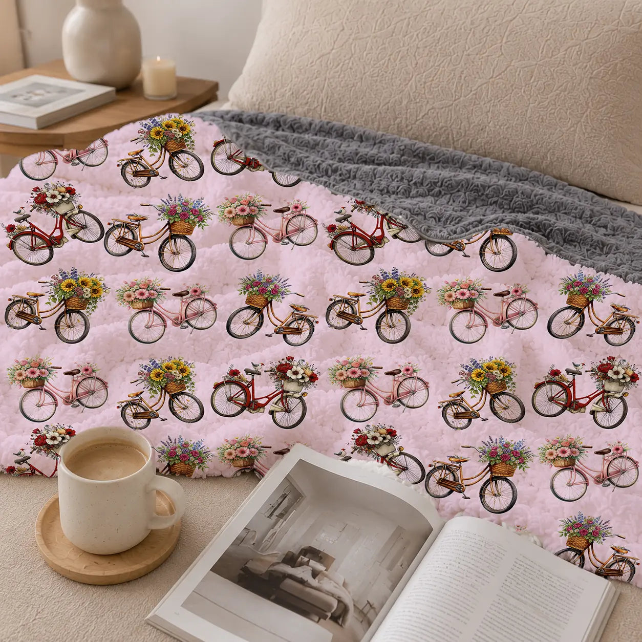 Pluchen Deken Fietsen & Bloemen – Zachte Fleece