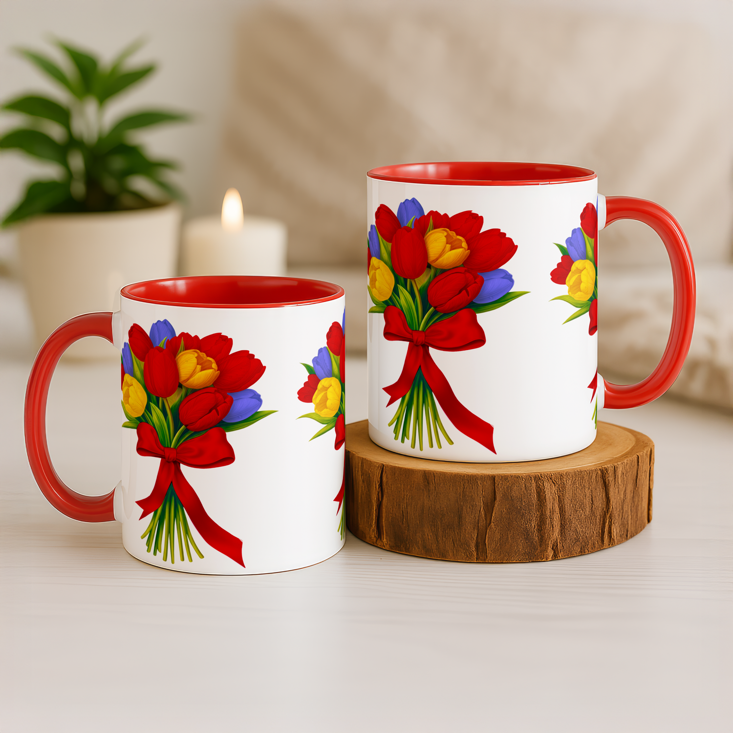 Keramische mok tulpenboeket rood handvat 325ml voorjaar cadeau