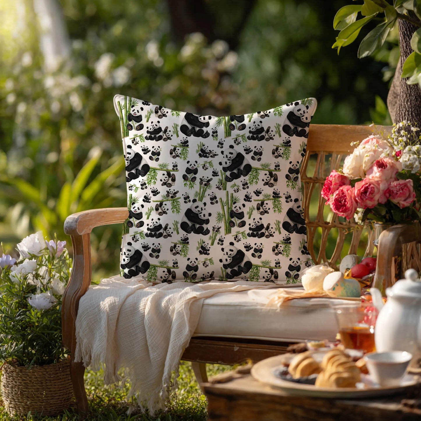 Decoratief Kussen Panda's & Bamboe – 30x30 cm
