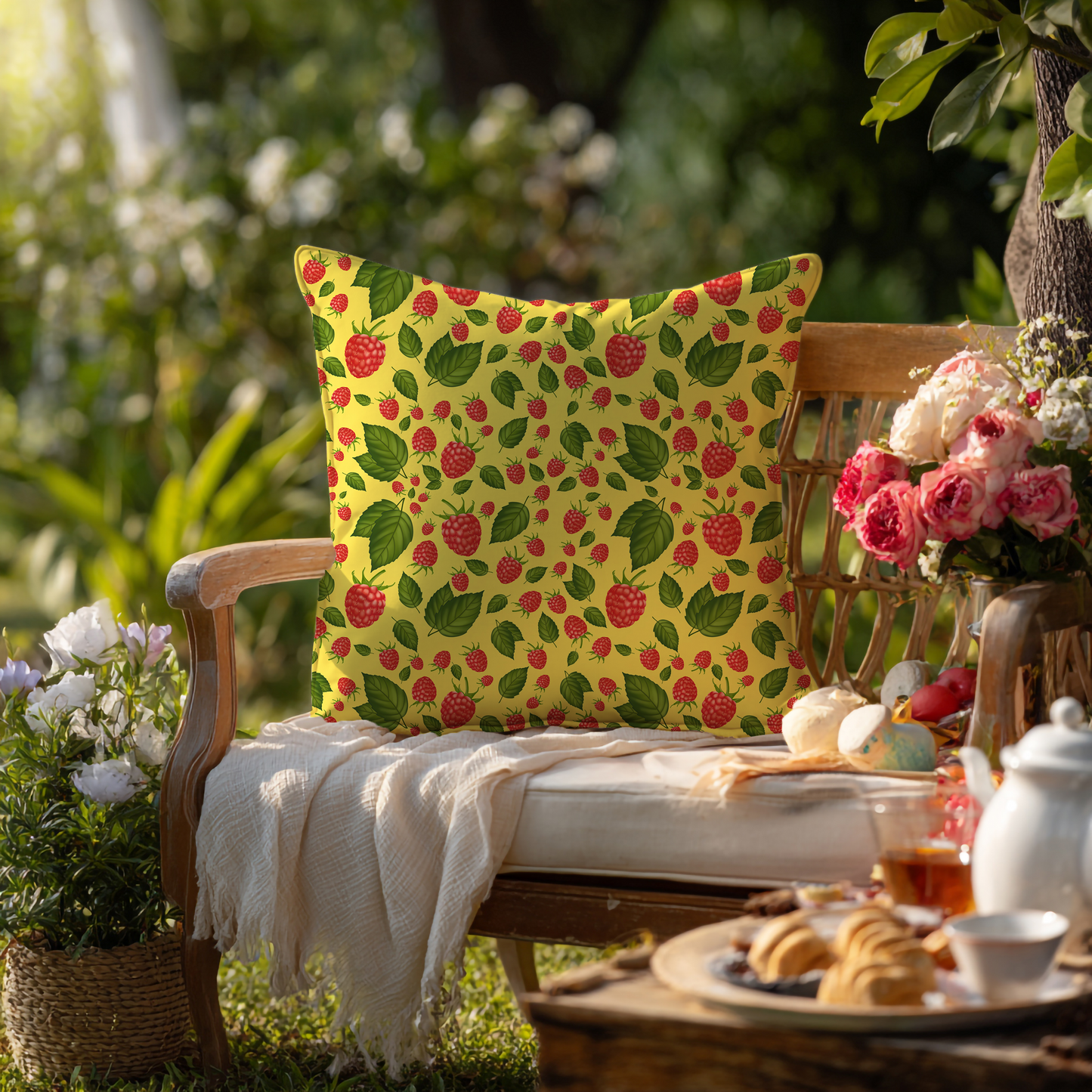 Frambozen – Decoratief Kussen (gele print)