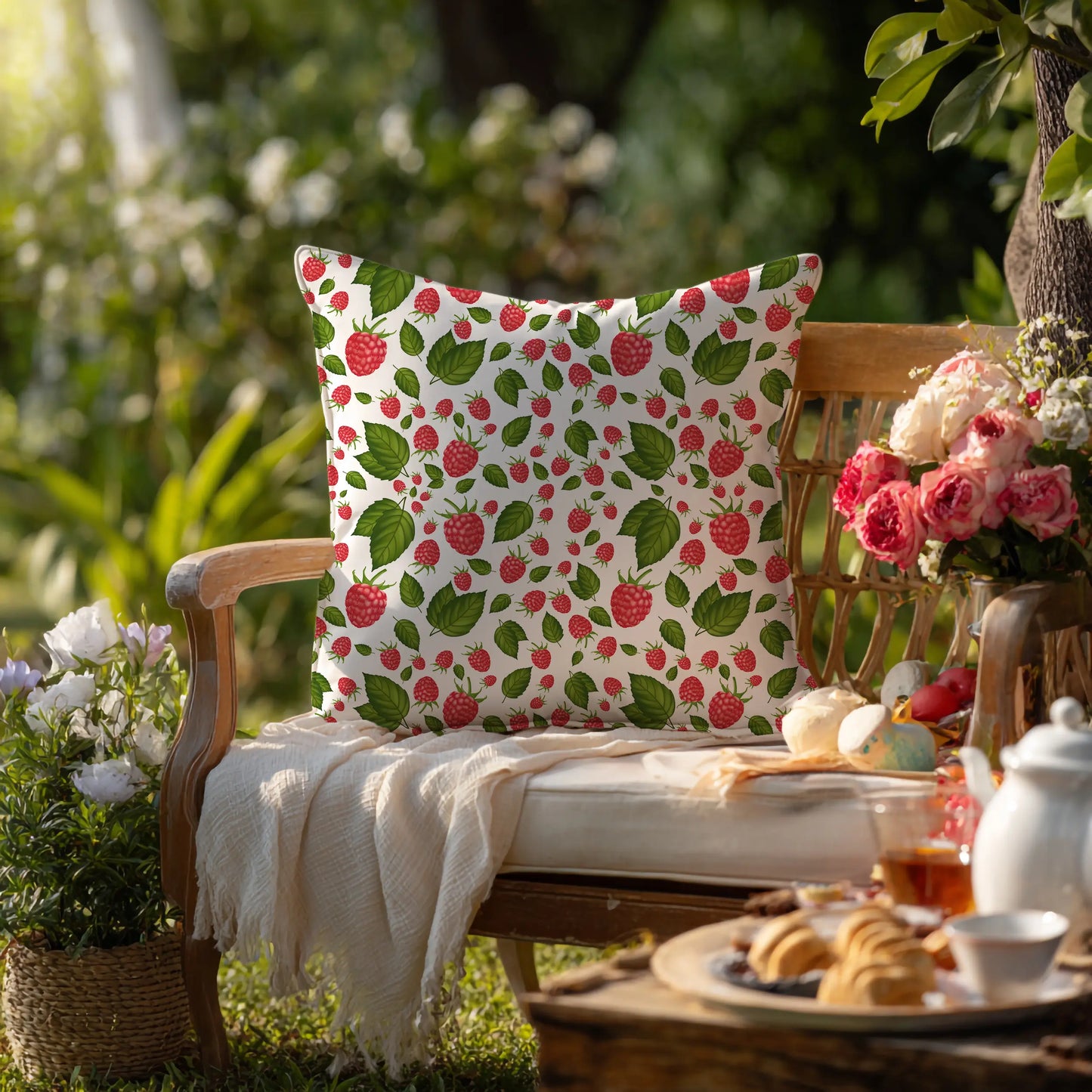 Decoratief Kussen Frambozen – Witte Print 30x30 cm