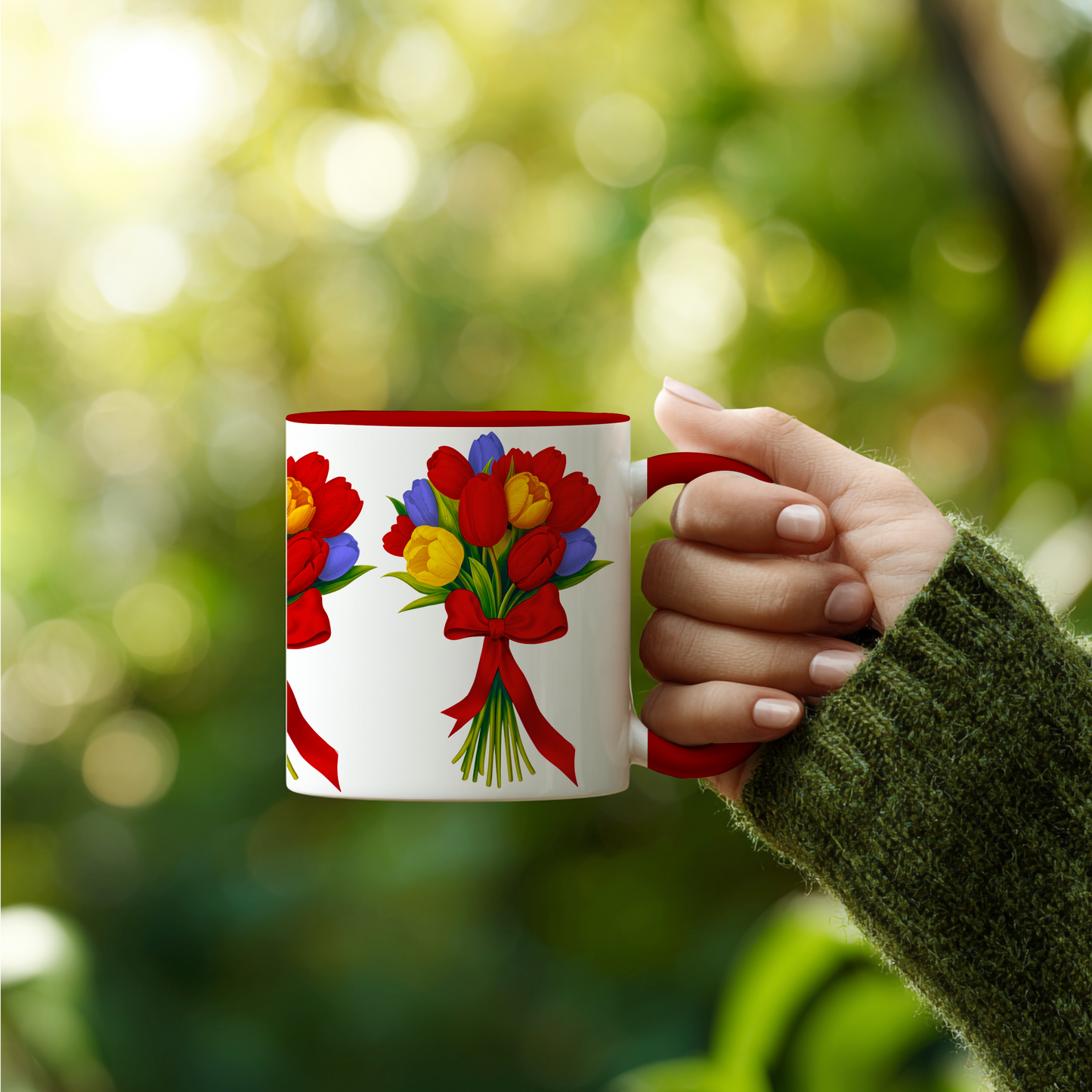 Tulpenboeket – Keramische Mok met Rode Handvat