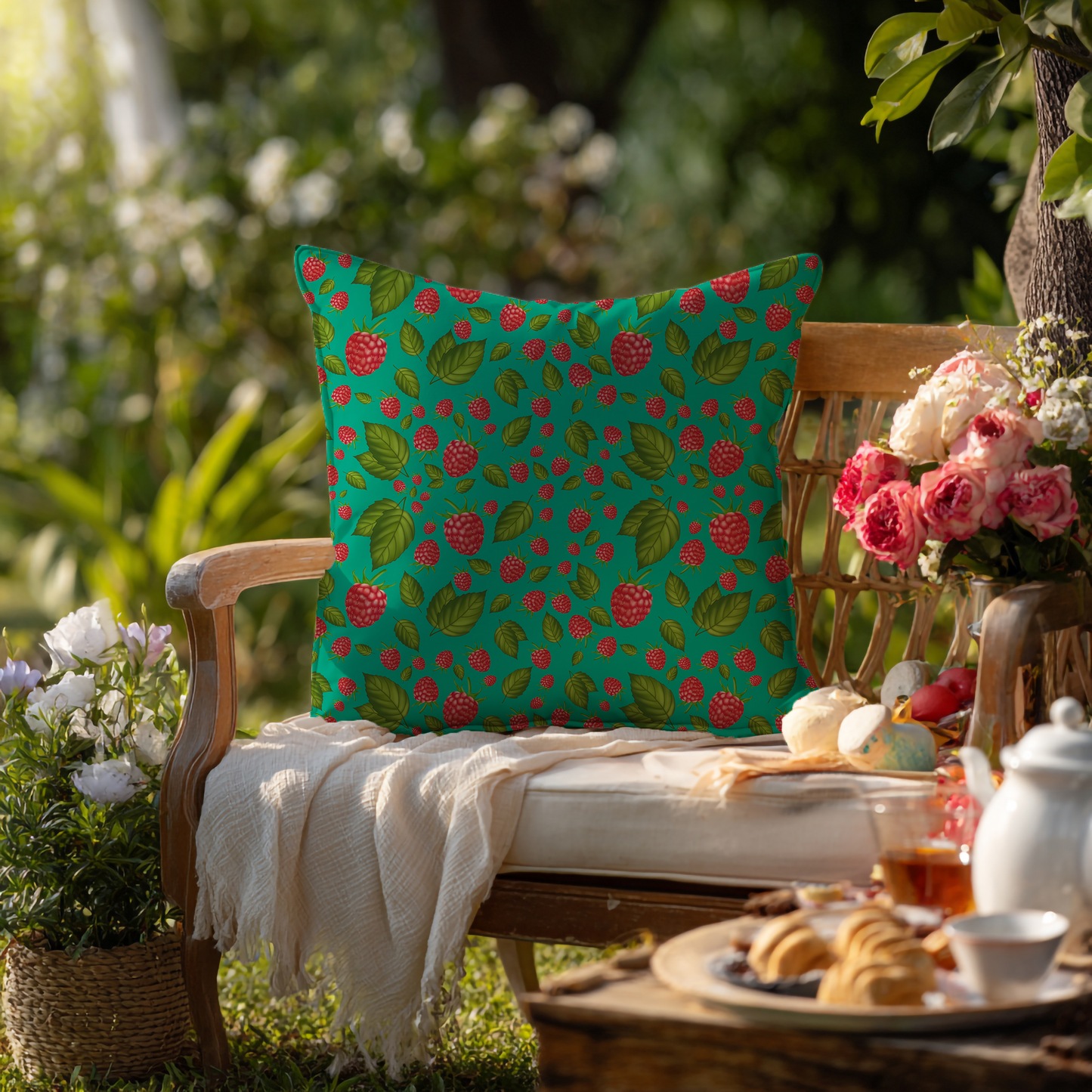 Frambozen – Decoratief Kussen (turquoise print)