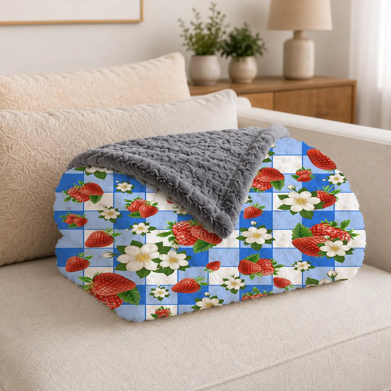 Pluchen Deken Aardbeien op Ruit – Zachte Fleece