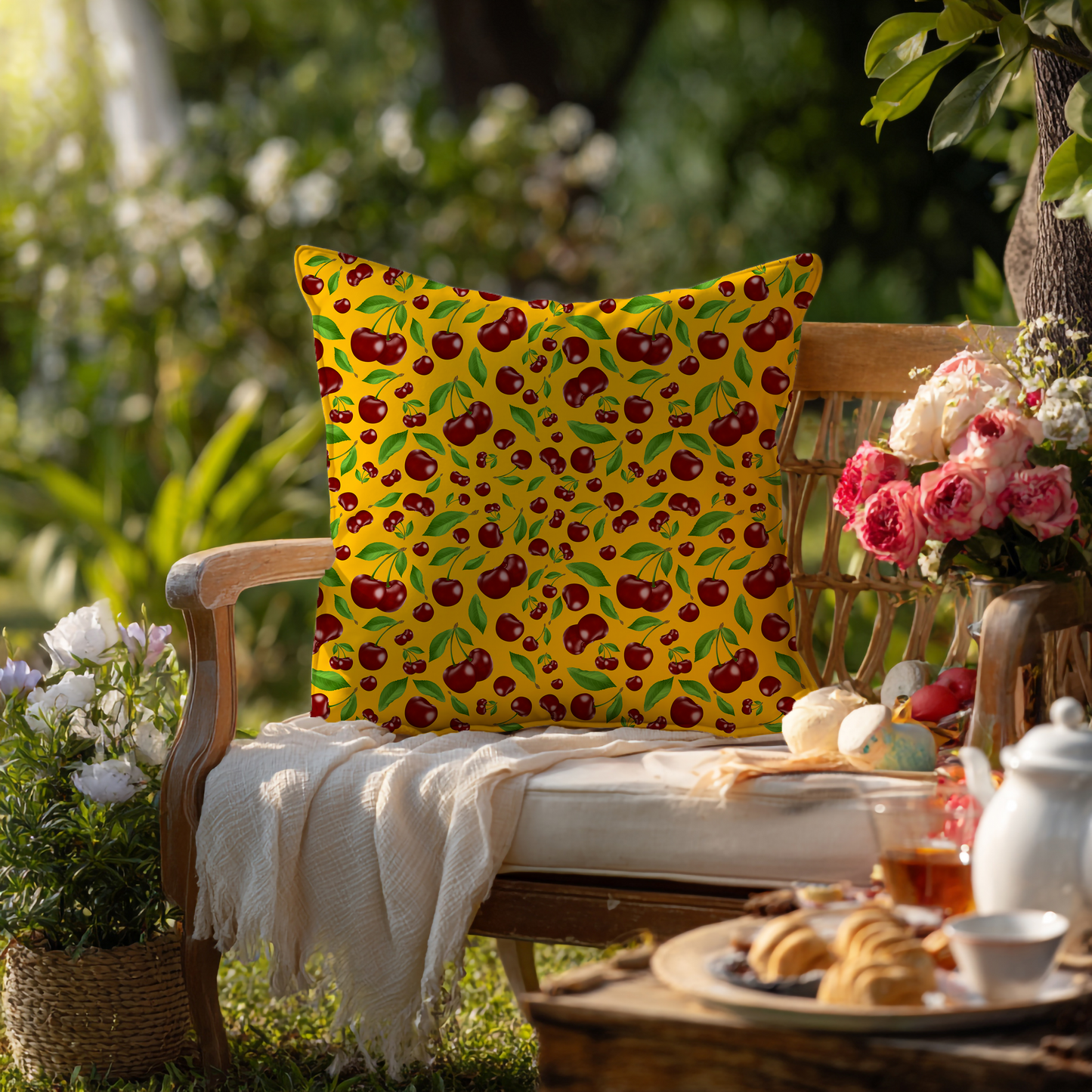 Kersen – Decoratief Kussen (gele print)