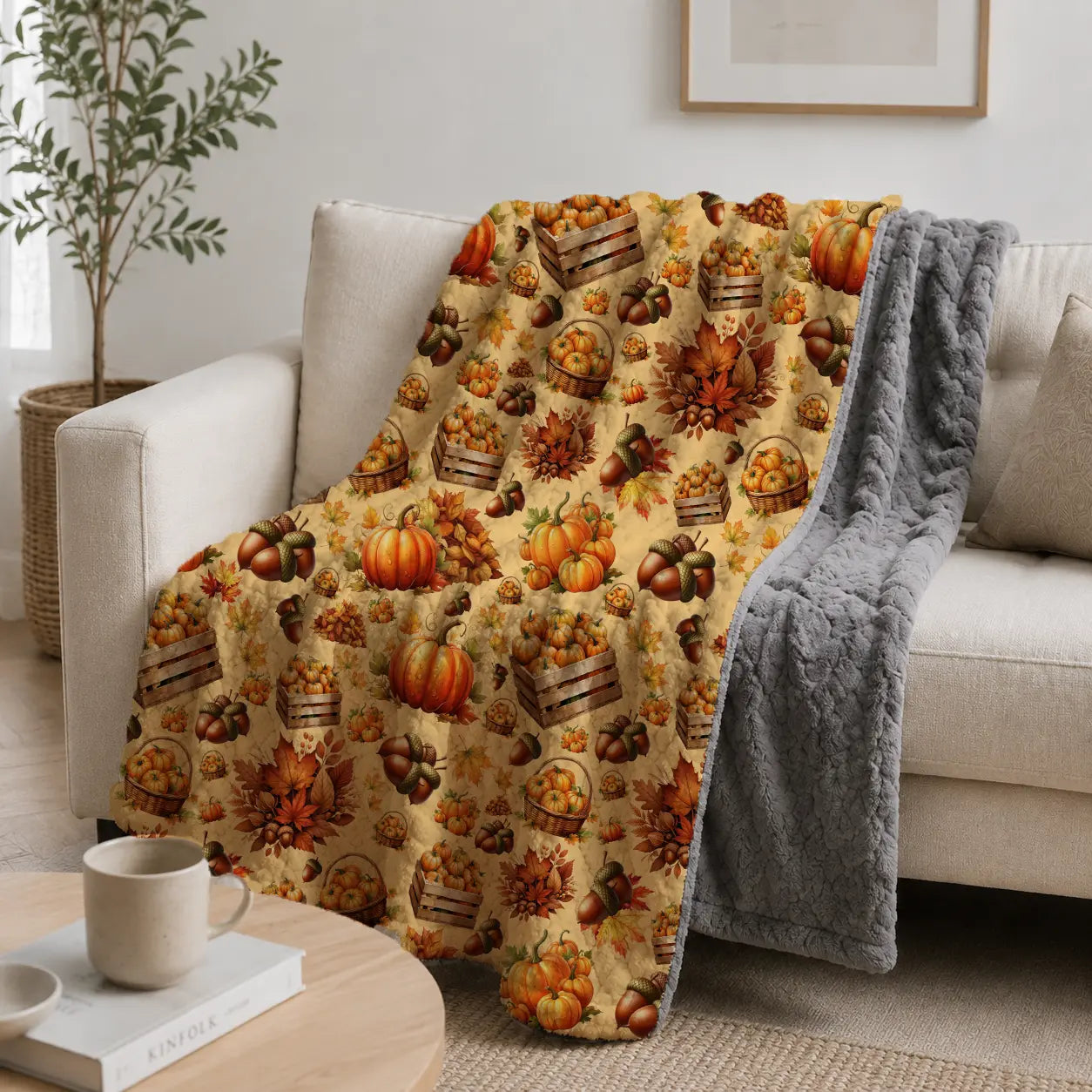 Pluchen Deken Pompoenen & Oogst op Perzikkleurige Achtergrond – Zachte Fleece