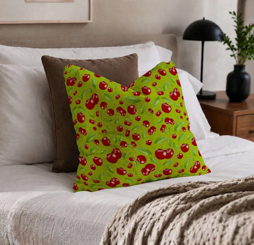 Decoratief Kussen Kersen – Limoengroene Print