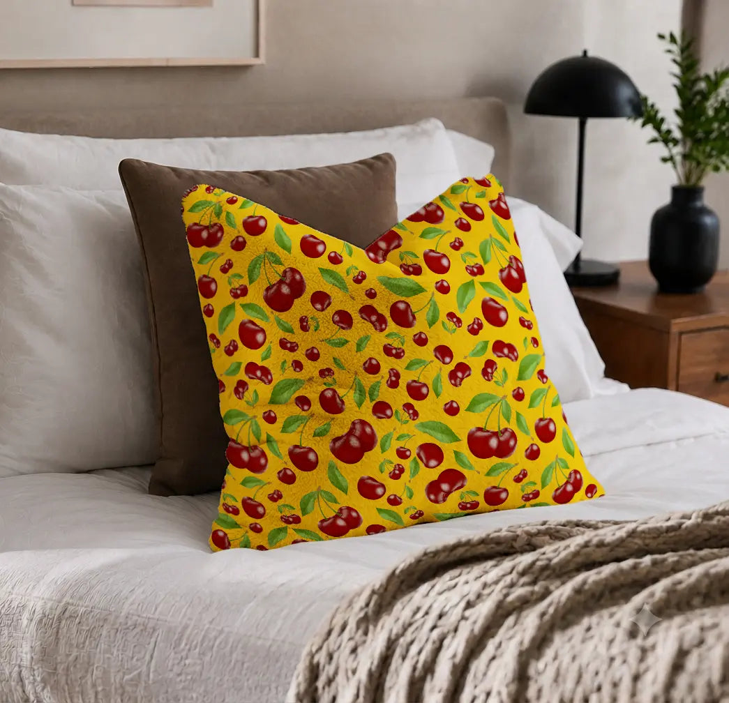 Decoratief Kussen Kersen – Gele Print