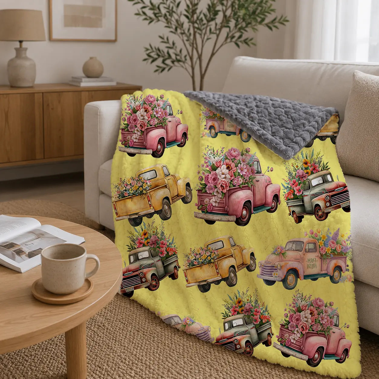 Pluchen Deken Boerentruck & Veldbloemen – Zachte Fleece