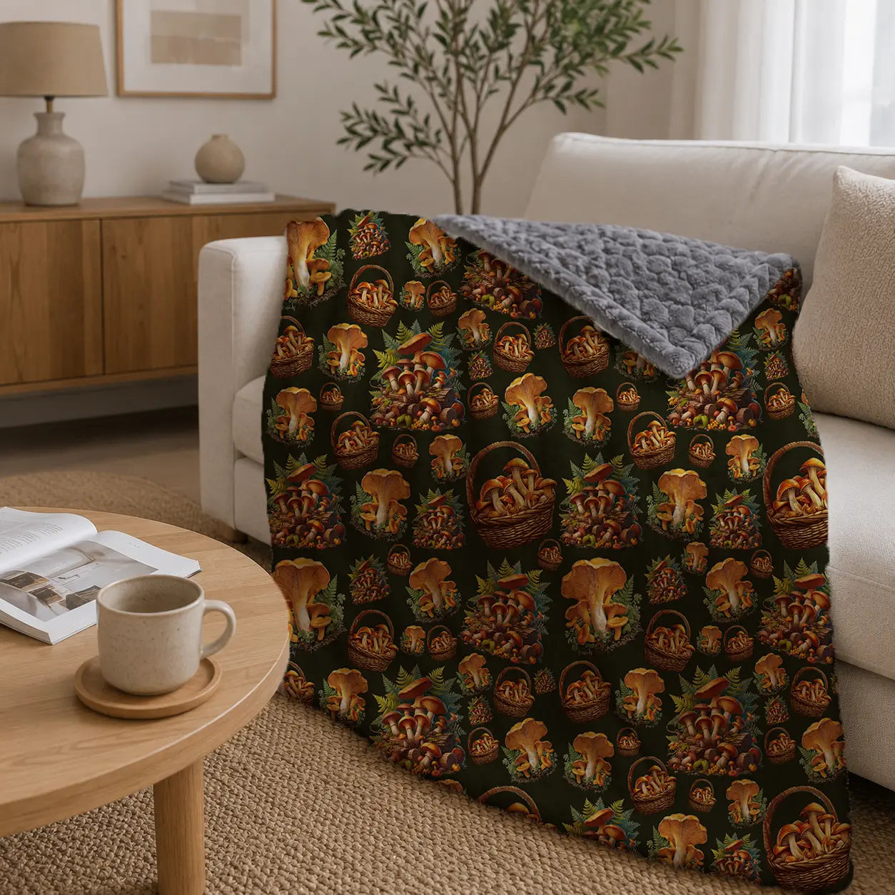 Pluchen Deken Bospaddestoelen – Donkergroene Achtergrond