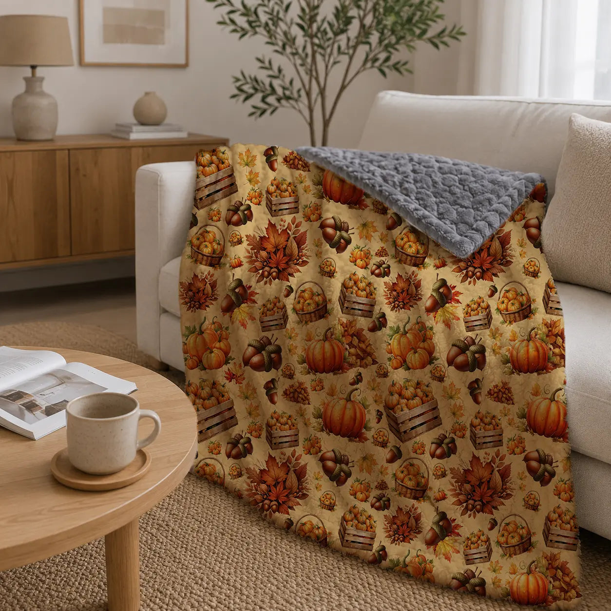 Pluchen Deken Pompoenen & Oogst op Perzikkleurige Achtergrond – Zachte Fleece