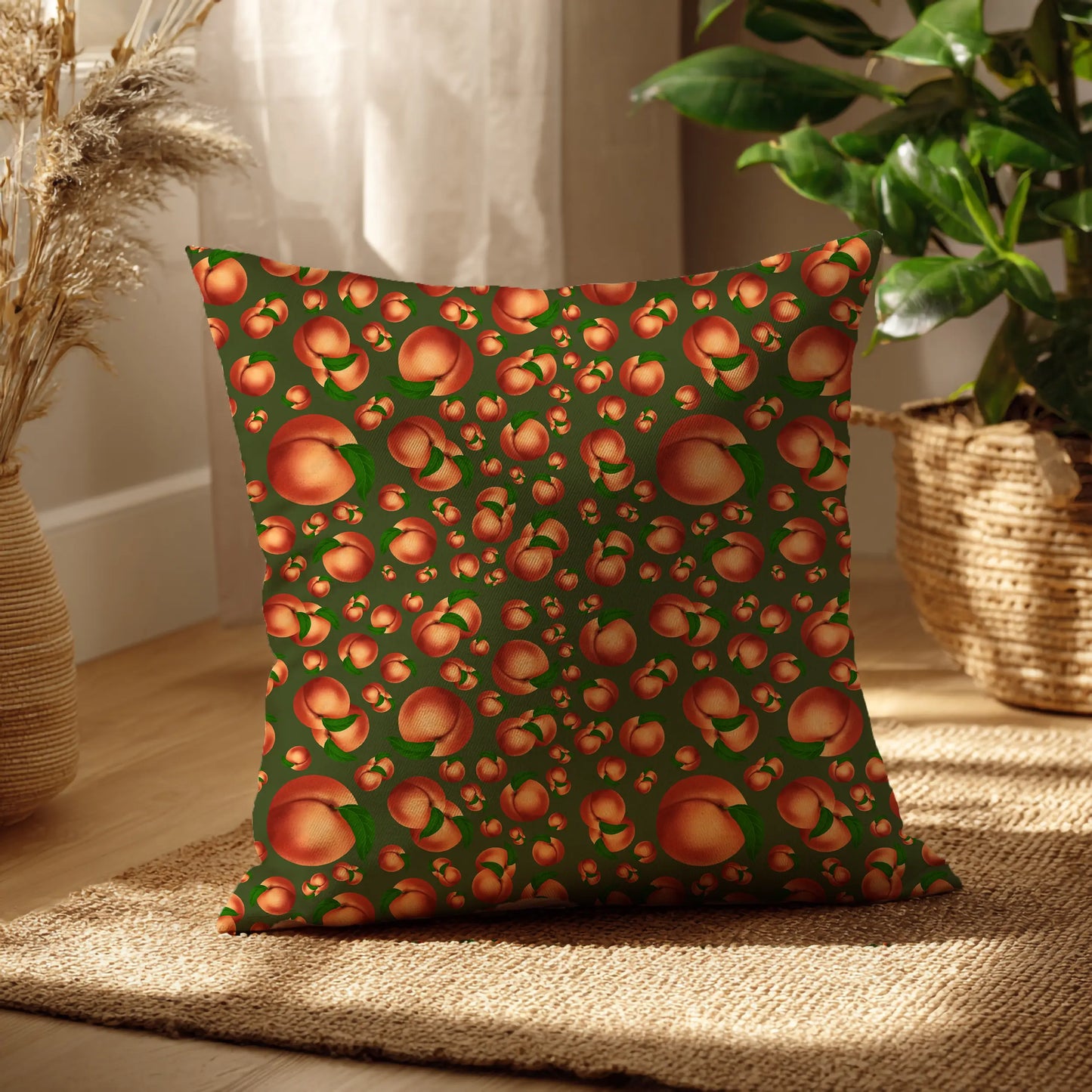 Decoratief Kussen Perziken – Olijfgroene Print 30x30 cm