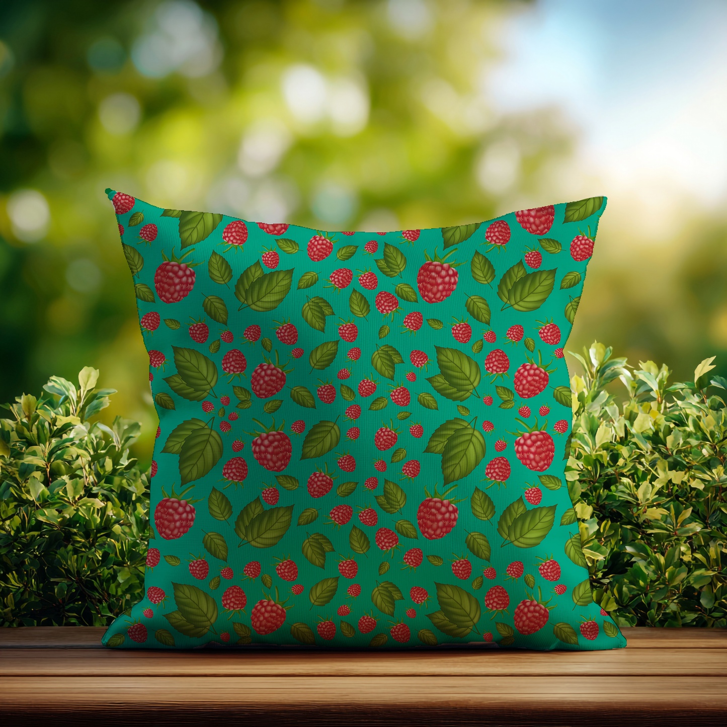 Frambozen – Decoratief Kussen (turquoise print)