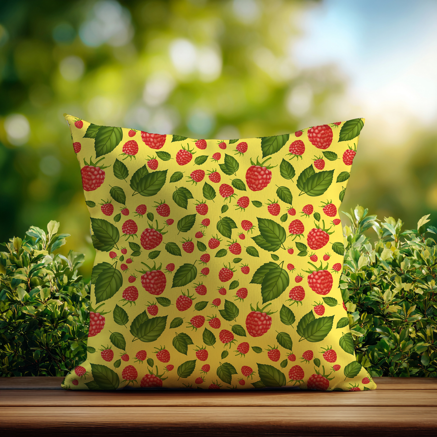 Frambozen – Decoratief Kussen (gele print)