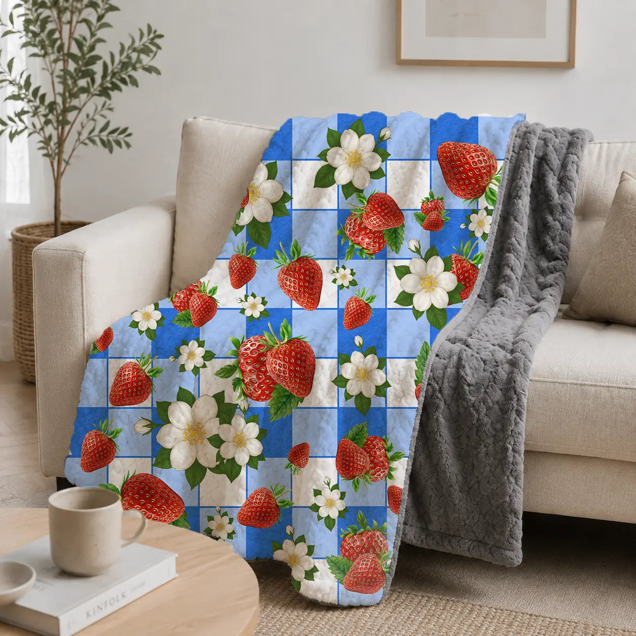Pluchen Deken Aardbeien op Ruit – Zachte Fleece