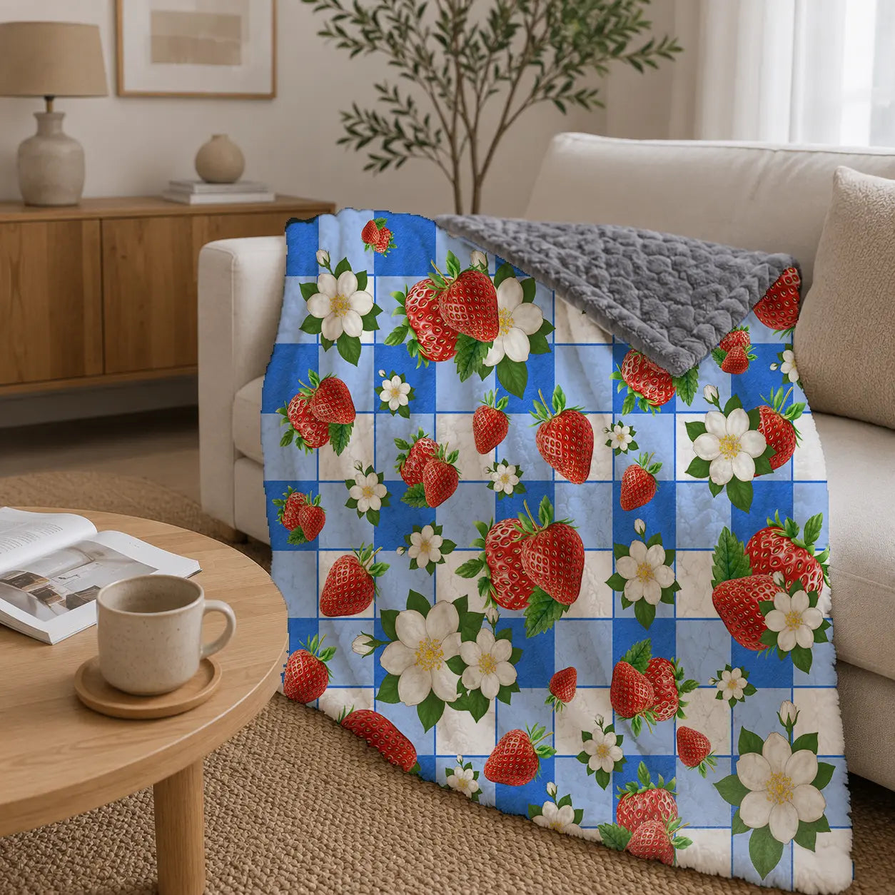 Pluchen Deken Aardbeien op Ruit – Zachte Fleece