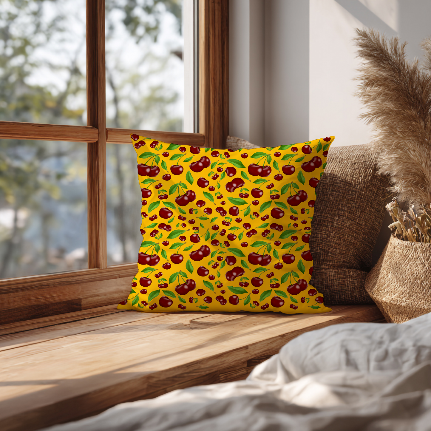 Kersen – Decoratief Kussen (gele print)