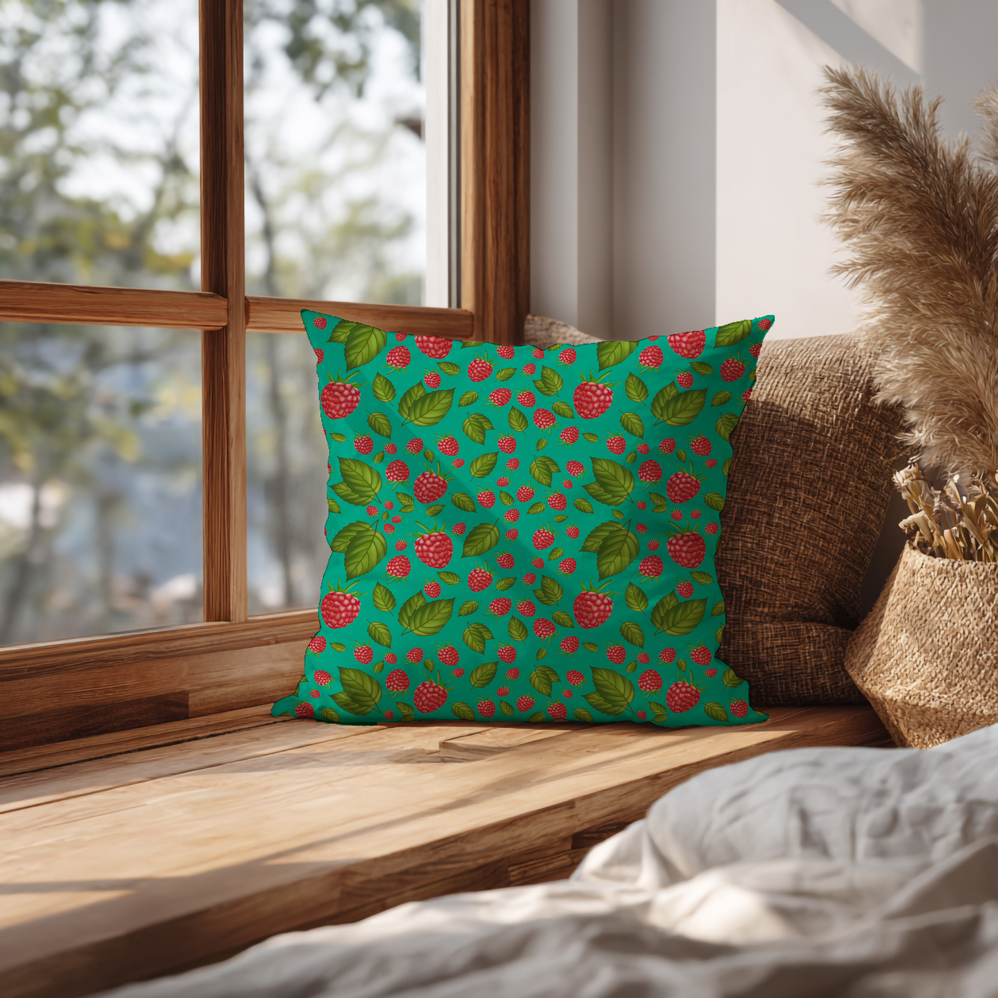 Frambozen – Decoratief Kussen (turquoise print)