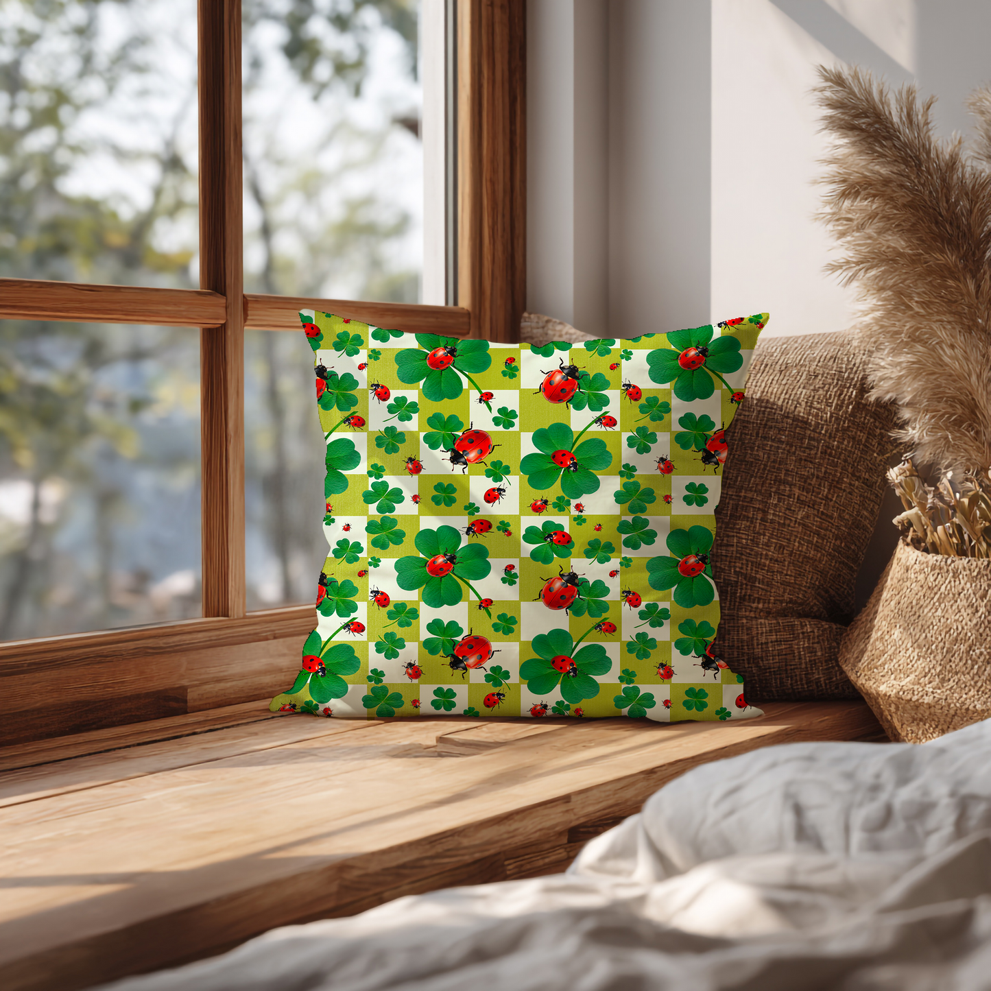 Lieveheersbeestjes & Klavers – Decoratief Kussen (geblokt dessin)
