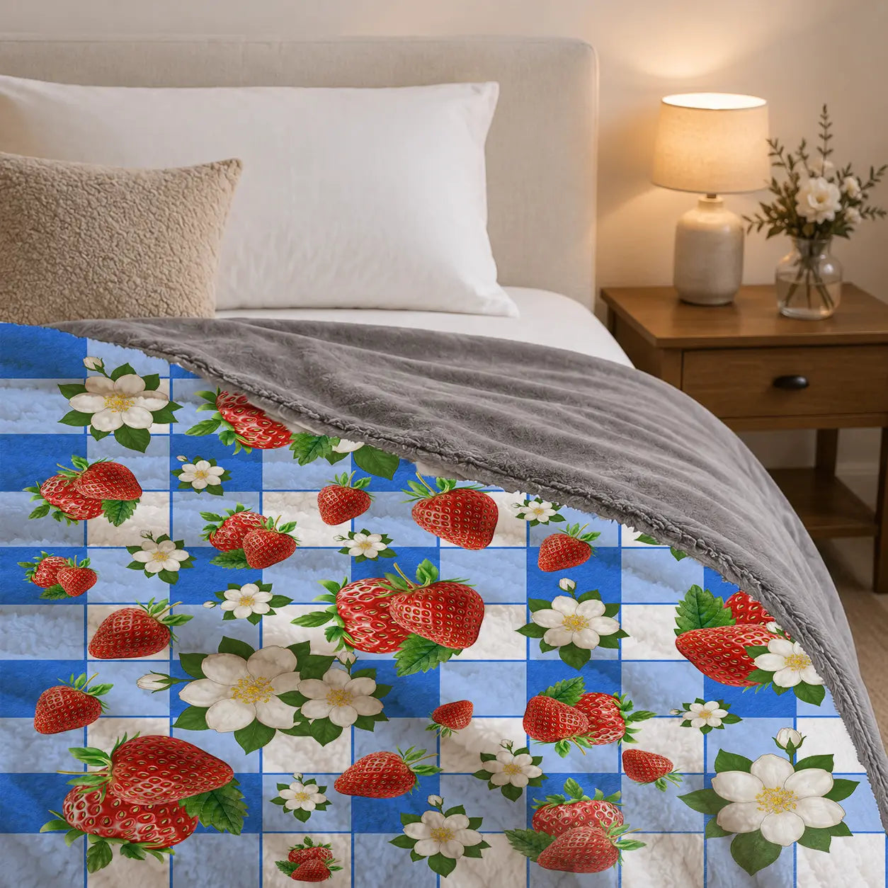 Pluchen Deken Aardbeien op Ruit – Zachte Fleece