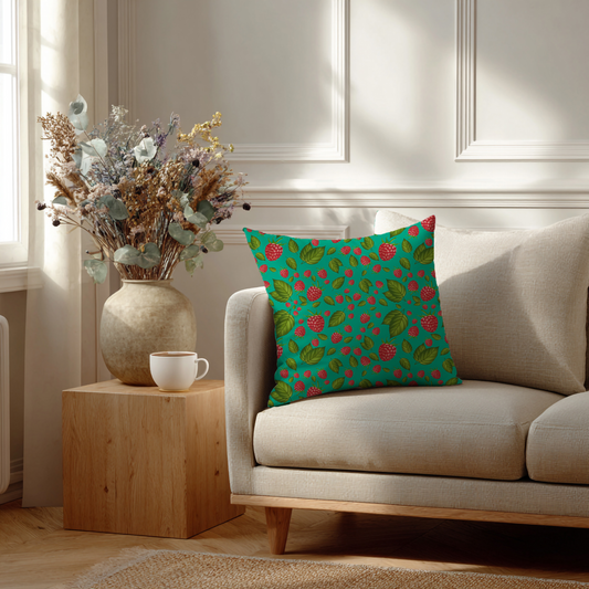 Frambozen – Decoratief Kussen (turquoise print)