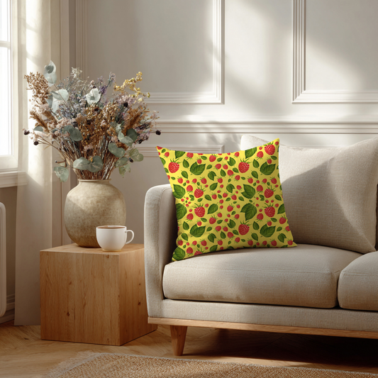 Frambozen – Decoratief Kussen (gele print)