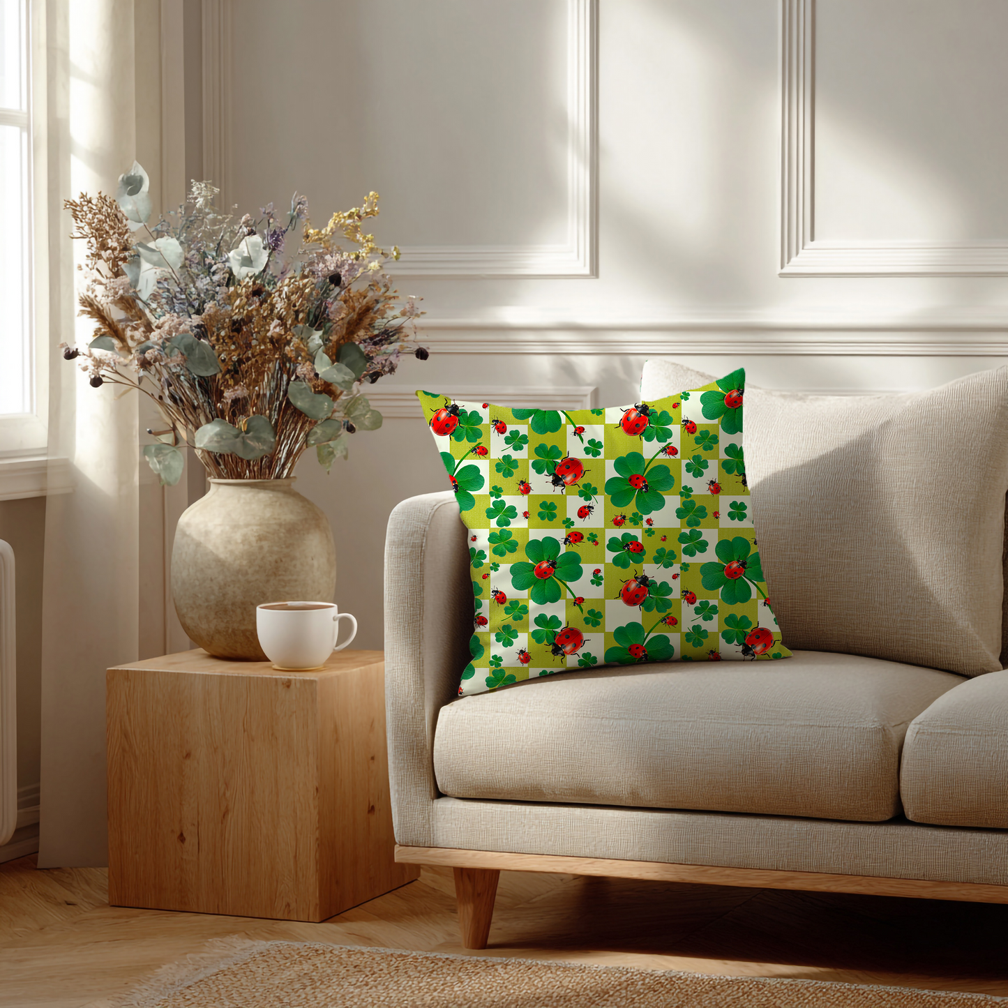 Lieveheersbeestjes & Klavers – Decoratief Kussen (geblokt dessin)