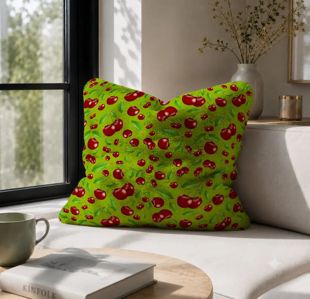 Decoratief Kussen Kersen – Limoengroene Print