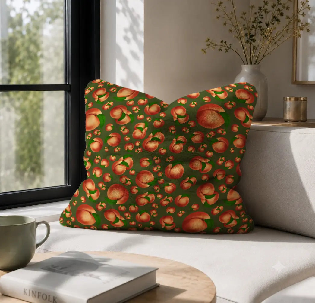 Decoratief Kussen Perziken – Olijfgroene Print