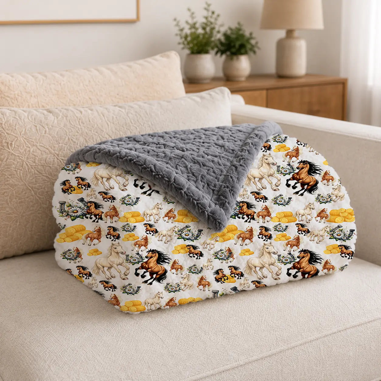 Pluchen Deken Paarden & Hoefijzers – Zachte Fleece