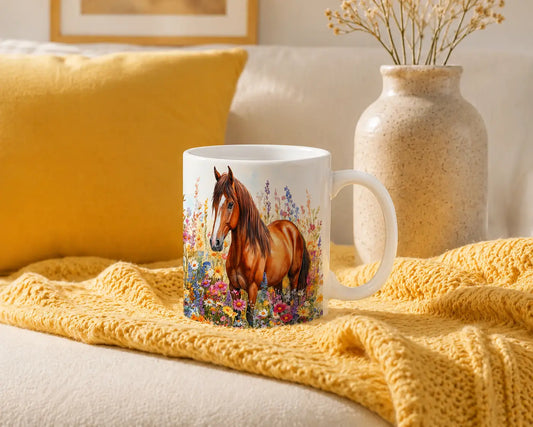 Ceramic Mug Horse in Wildflowers – White Handle 325ml