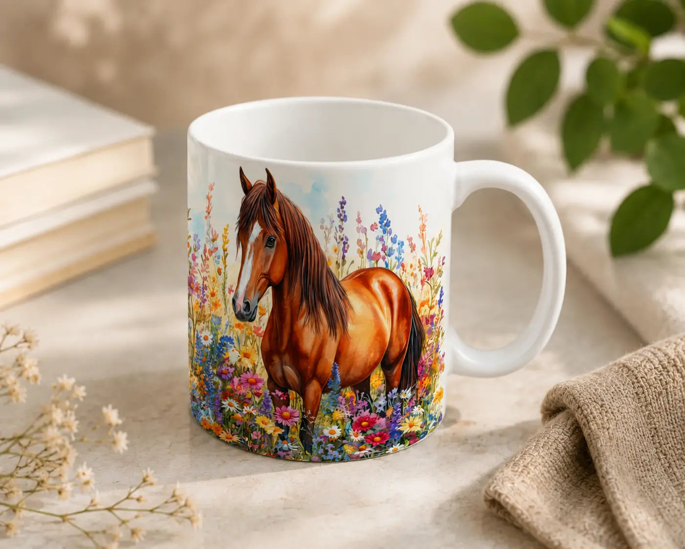 Keramische Mok Paard in Wilde Bloemen – Wit Handvat 325ml