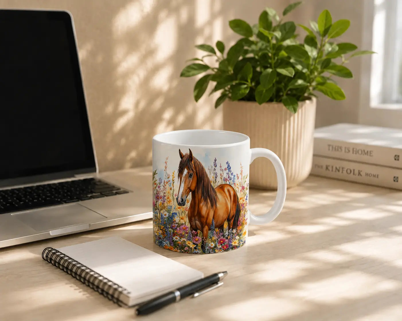 Keramische Mok Paard in Wilde Bloemen – Wit Handvat 325ml