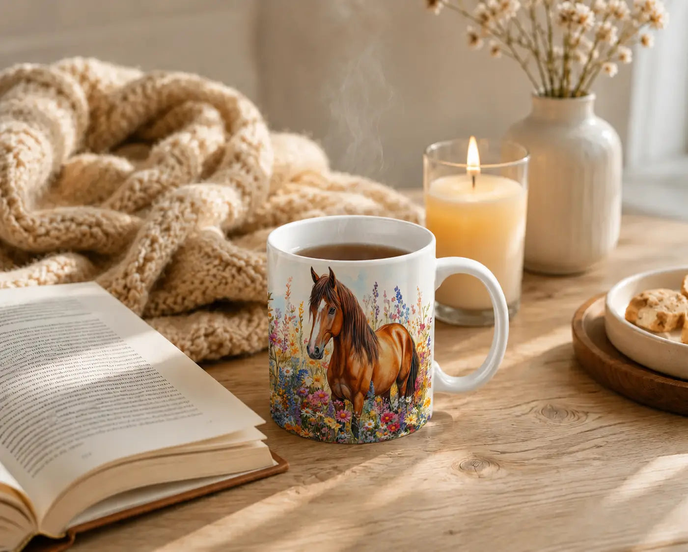 Keramische Mok Paard in Wilde Bloemen – Wit Handvat 325ml