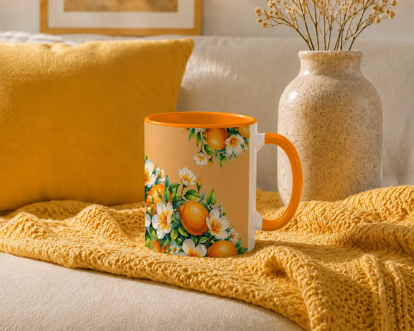 Keramische Mok Sinaasappels & Witte Bloesem – Oranje Handvat 325ml
