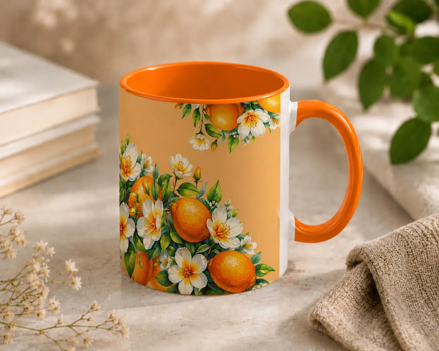 Keramische Mok Sinaasappels & Witte Bloesem – Oranje Handvat 325ml